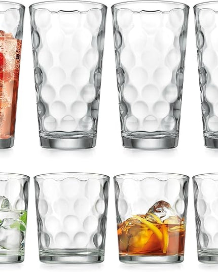 Home Essentials & Beyond Glassware Drinking Glasses Set Of 8 4 Highball (17 oz.) Kitchen Glasses | 4 (13 oz.) Rocks Glass Cups for Water, Juice and Cocktails.