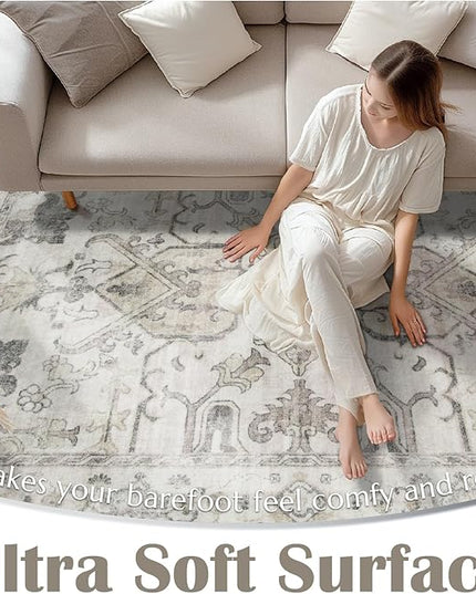 jinchan Hallway Runner Rug 2x10 Machine Washable - Vintage Floral Non-Slip Low-Pile Soft Ultra-Thin Faux Wool Kitchen Rug Distressed Carpet Runner for Farmhouse Bedroom Laundry Room (2x10ft, Taupe)