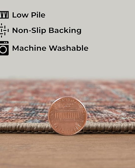 GLN Rugs Traditional Collection - Machine Washable Area Rug, Traditional Washable, Non Slip, Low Pile Chenille Rug, Living Room, Bedroom, Kitchen Rug (3'x5' Terra Cotta)
