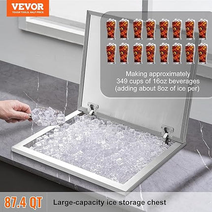 VEVOR Drop in Ice Chest, 28"L x 16"W x 17"H Stainless Steel Ice Cooler, Commercial Ice Bin with Hinged Cover, 40 qt Outdoor Kitchen Ice Bar, Drain-Pipe and Drain Plug Included, for Cold Wine Beer