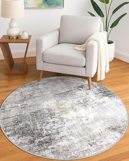 IOHOUZE Round Area Rug 5 Ft Circle Entryway Rugs Round Washable Door Mat Indoor Entrance, Non Slip Circle Front Door Rug, Printed Abstract Faux Wool Floor Carpet for Foyer Porch Sink, Grey Beige