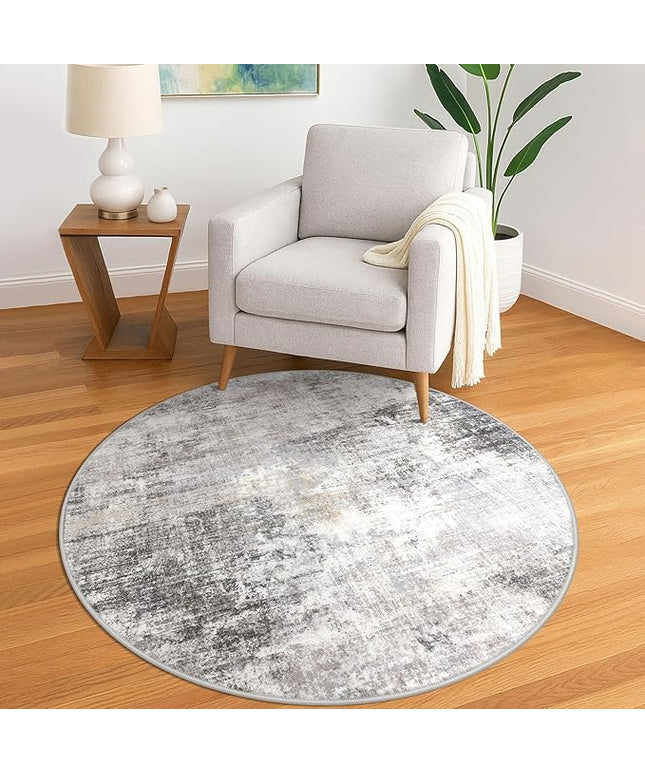 IOHOUZE Round Area Rug 5 Ft Circle Entryway Rugs Round Washable Door Mat Indoor Entrance, Non Slip Circle Front Door Rug, Printed Abstract Faux Wool Floor Carpet for Foyer Porch Sink, Grey Beige