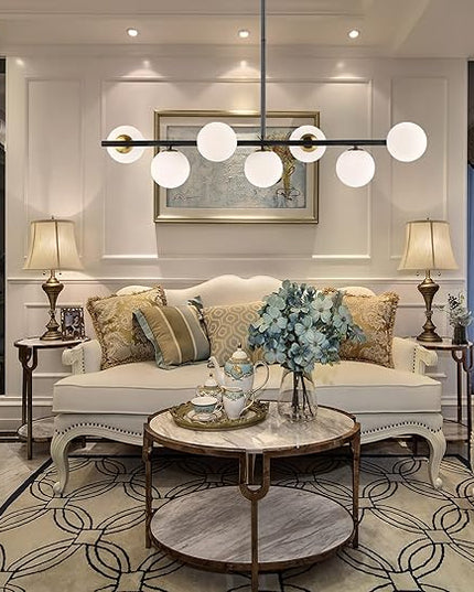 7 Lights Modern Sputnik Chandelier Globe White Glass Shade Linear Mid Century Farmhouse Pendant Light Fixture for Dining Kitchen Island Bedroom Lighting (Gold/Black)
