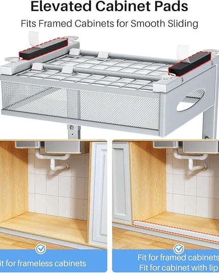 Under Sink Organizer, 2 Tier Pull Out Under Cabinet Organizer Shelf with Pad for Framed Cabinets, Metal Slide Out Under Sink Storage, Mesh Sliding Drawers for Kitchen Bathroom Laundry(Grey, 1 Pack)