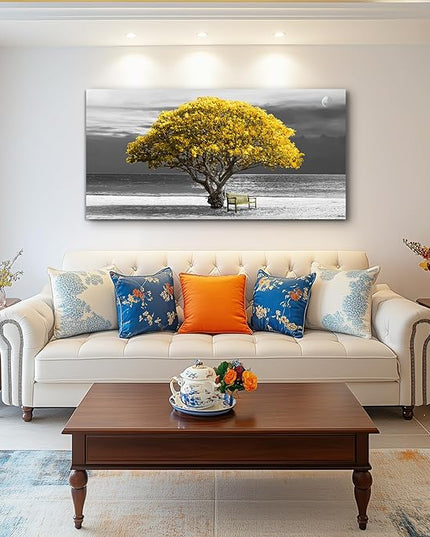 wall art for living room Decorations Photo Prints - panoramic black and white with yellow trees The moon scenery - Modern Home Decor The room Stretched and Framed Ready to Hang artwork 20X40inches