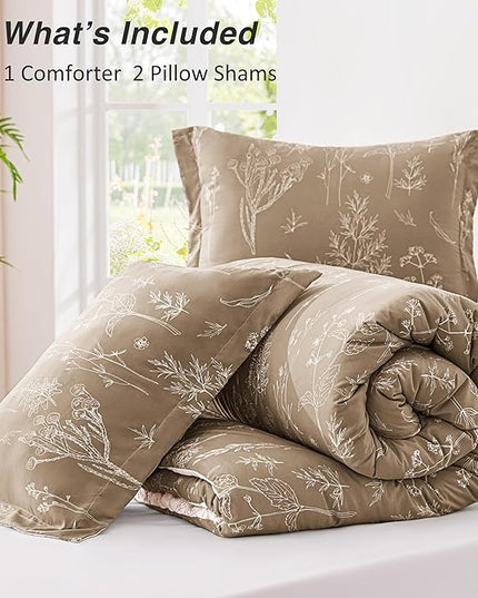 Love's cabin Light Taupe Full Comforter Set - Full Size Comforter Set, 3 Pieces Cute Floral Bedding Sets for All Seasons,1 Soft Reversible Botanical Flowers Comforter and 2 Pillow Shams