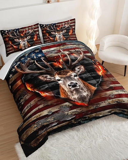 Deer Bedding Sets for Kids Boys Girls Room Decor,Hunting Themed American Flag Bedding Comforter Sets,Western Comforter Sets Camo Queen Bedding Set with 2 Pillowcases.