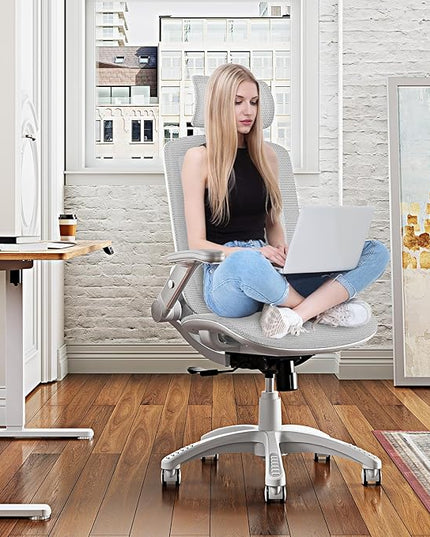 GABRYLLY Ergonomic Office Chair, High Back Home Desk Chair with Headrest, Flip-Up Arms, 90-120° Tilt Lock and Wide Cushion, 400LBS Mesh Chairs for Man Woman, White Task Chair(Grey,GY01WG)
