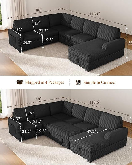 Vesgantti 113.6" Modular Sectional Sofa with Pull Out Couch Bed, 7 Seater U Shaped Sleeper Sofa with Storage Chaise, Corduroy Sectional Couch for Living Room, Bedroom, Apartment, Black