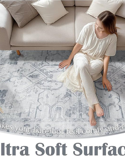 jinchan 2x3 Washable Rug for Entryway - Vintage Floral Ultra-Thin Low Pile Soft Small Non-Slip Distressed Indoor Doormat Accent Rug for Entrance Kitchen Bathroom Bedroom (2x3ft, Grey)