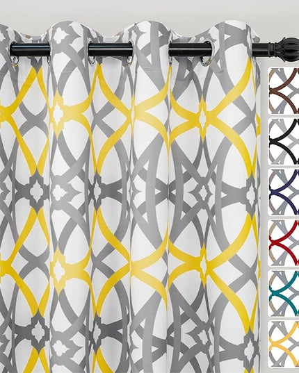 DriftAway Alexander 80% Blackout Curtains for Living Room 250GSM Pattern Match Thermal Insulated Room Darkening Geo Moroccan Mid Century Grommet Bedroom Drapes 2 Panels 52 Inch by 84 Inch Yellow Gray