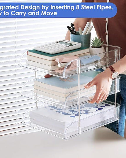 Noger Desk Organizers and Storage, 3 Tier Clear Heightened Stackable Paper Tray Organizer for Document, Letter, A4 File Paper, Desk Accessories, Office Supplies (Clear, 3 Pack)