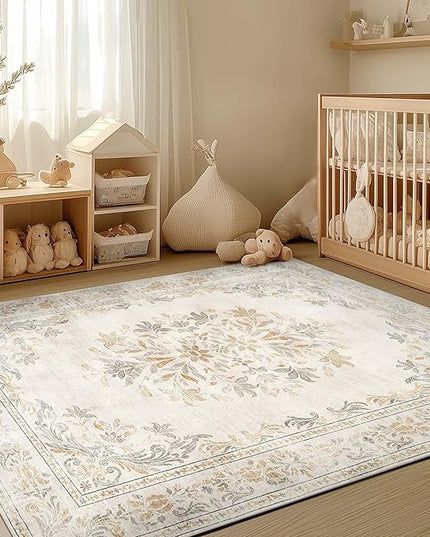 jinchan Vintage Floral 5x7 Area Rugs - Machine Washable Distressed Design Soft Ultra-Thin Low-Pile Non-Slip Carpet for Kitchen Bedroom Nursery Living Room Dining Room Home Office (5x7ft, Light Grey)