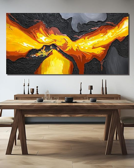 GUGIKA Extra Large Abstract Wall Art for Living Room, Hand Painted 3D Textured Magma Paintings, Black and Gold Yellow Volcanic Lava Canvas Wall-Decor for Bedroom, Size 80x40 Inches