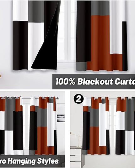 Burnt Orange 100% Blackout Curtains for Bedroom 45 inch Length 2 Panels Set Grey Modern Abstract Geometric Fall Black Out Curtains Insulated Room Darkening Window Drapes for Living Room, 52Wx45L