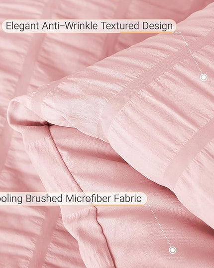 MUXHOMO 7 Pieces Queen Comforter Set, Seersucker Bed in a Bag Queen Size, All Season Luxury Bedding Set with Comforter, Flat Sheet, Fitted Sheet, Pillowcases & Shams, Pink