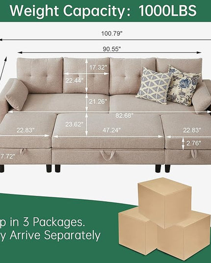 Convertible Sectional Sofa with Storage Ottoman Bench, 101" U Shaped Couch 4-Seat Sofa Set for Living Room/Apartment, Sectional Couch with Movable Ottoman, Beige