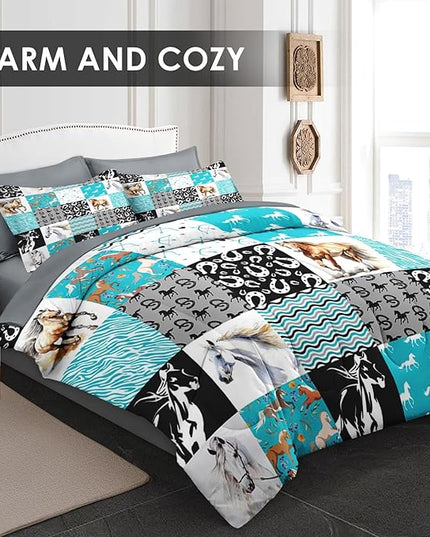 Comforter Set King Size, Brown Horse Painting Bedding for Kids and Adults, White Watercolor Beautiful Bed Sheet Sets with Fitted Sheet 2 Pillowcases & 2 Shams for Bedroom Bed Decor