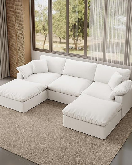 Modular Sectional Sofa,Extra Comfty Deep-Seat-Filled Couch,White 5 Seat U Shape Sofas with Movable Ottoman,Modern Couches for Living Room, Apartment,Office,Small Space
