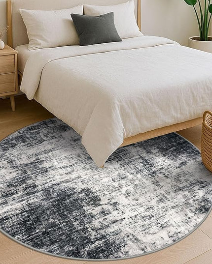 IOHOUZE Abstract Round Area Rug 6 Ft Washable Circle Rugs Large Round Rug Non Slip Thin Soft Circle Rugs, Printed Faux Wool Floor Carpet for Bedroom Living Room Dining Room Nursery, Black Grey