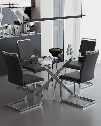 5 Piece Dining Table Table Set, Modern Tempered Glass Dining Table Set for 4 Kitchen Table Set with 4 Upholstered Chairs for Kitchen Dining Room (Sliver Table with Dark Grey Chairs)