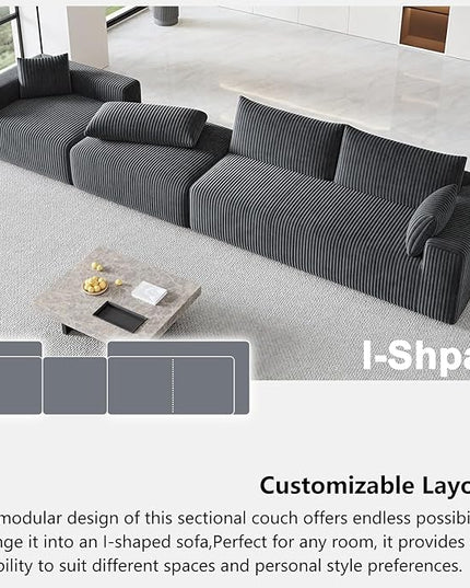 108”Modern Modular L-Shape Couch with Chaise, Modular Sectional Couches for Living Room, Deep Seat Boneless Sofa Bed, No Assembly Required Sleeper Sofa, Plush Corduroy Fabric, Dark Gray