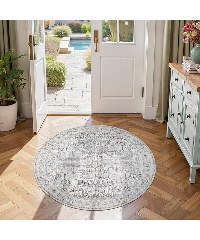 jinchan Lima Round Rug 4ft Vintage Machine Washable Area Rug Indoor Circle 4' Ultra-Thin Non-Slip Floral Print Carpet for Farmhouse Entryway Dining Room Living Room Bedroom Office (4'Round, Taupe)