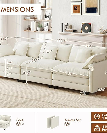 111.4” Cloud Couch Modular Sectional Sofa, Comfy Modern 3-Seater Couches with Pillows & Upholstered Deep Seat Cushion for Apartment Living Room Bedroom （Beige）