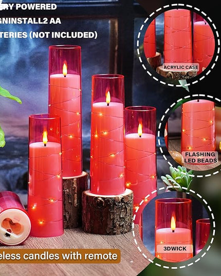 Flickering Flameless LED Candles,Battery Operated Candles 9 Pcs with Embedded Star String,Acrylic LED Pillar Candles with Remote,Suitable for Home Decoration to Create an Atmosphere (Pink)