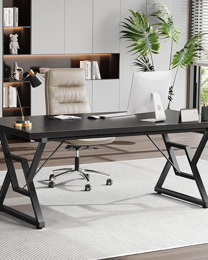 70.8" Large Executive Desk - Computer Office Desk Workstation, Modern Business Writing Table with Sturdy Metal Legs for Home Office (Black/Black)