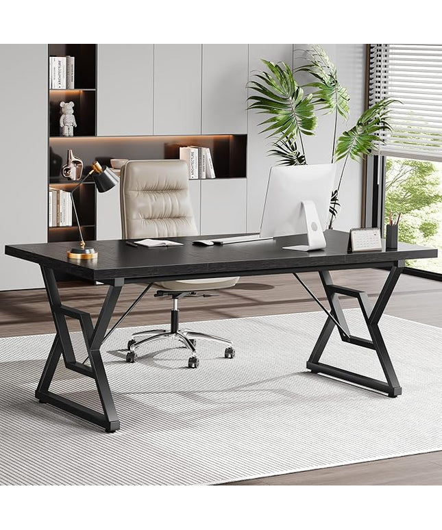 70.8" Large Executive Desk - Computer Office Desk Workstation, Modern Business Writing Table with Sturdy Metal Legs for Home Office (Black/Black)