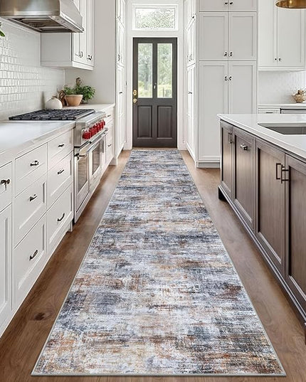 IOHOUZE Abstract Runner Rug 3x18 Ft Washable Runners for Hallways, Non Slip Kitchen Runner Printed Faux Wool Entryway Runner Indoor, Modern Abstract Floor Carpet for Hall Stair, Orange Grey