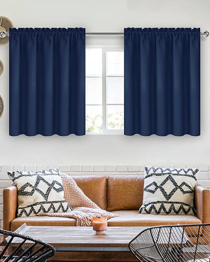 DWCN Short Curtains for Bathroom Windows 36 inches Length 2 Panels Set, Half Window Blackout Curtains for Kitchen, Rod Pocket Energy Saving Drapes (W60 x L36 Inch, Navy Blue)