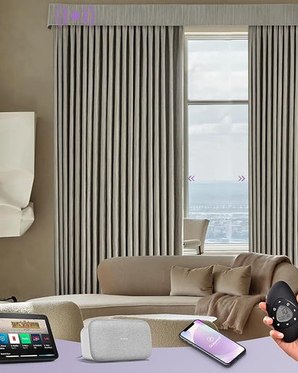 Graywind Hardwired Smart Curtains Compatible with Alexa Google Remote Control Motorized Drape for Sliding Door One-Way or Split Draw, Custom Width to 220" (Cloud Series)