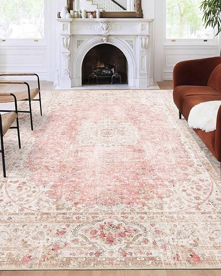 9x12 Area Rugs Washable,Pink Rug for Living Room Bedroom Dining Room,Large Boho Vintage Bohemian Distressed Carpet Non Slip,Blush