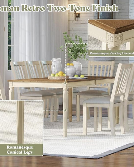 AMERLIFE 9-Piece Farmhouse Solid Wood Dining Table Set with 8 Upholstered Chairs, Roman Conical Legs, Seats up to 8, 79'' Dining Table & Chairs Set for Kitchen and Dining Room, Rustic Cream