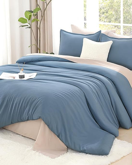 Litanika Full Size Comforter Sets Grayish Blue, 3 Pieces Lightweight Solid Bedding Comforter Set, All Season Fluffy Bed Set (79x90In Comforter & 2 Pillowcases)