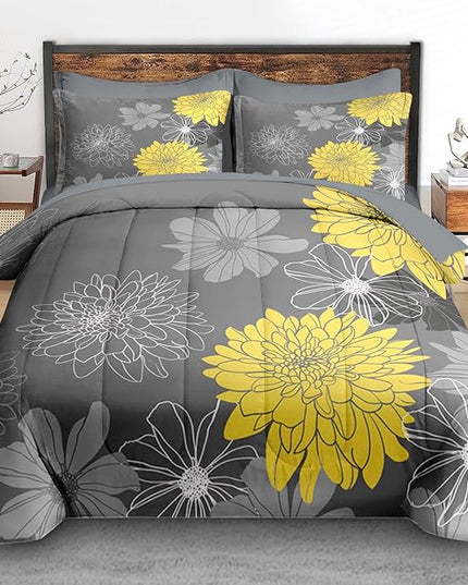 Comforter Set Full Size, Vintage Summer Flower 7 Pcs Bedding for Kids and Adults, Yellow Botanical Floral Bed Sheet Sets with Fitted Sheet 2 Pillowcases & 2 Shams