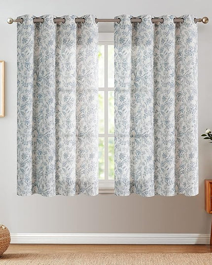 Lazzzy Linen Farmhouse Curtains for Living Room 63 Inch Length Floral Print Window Curtains Semi Sheer Drapes for Bedroom Country Light Filtering Curtain Grommet Top 2 Panels Blue on Beige