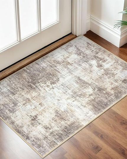 IOHOUZE Small Abstract Area Rug 2x3 Ft Entryway Rugs Washable Door Mat Indoor Entrance, Rubber Backed Throw Rugs, Printed Faux Wool Non Slip Floor Carpet for Foyer Front Door Sink, Beige Brown