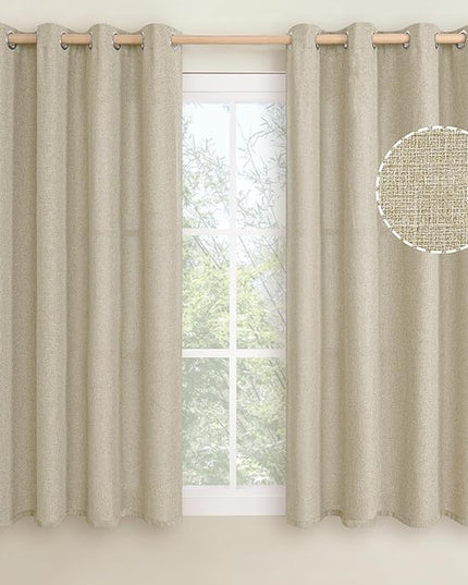LAMIT Natural Linen Curtains 45 inch Length 2 Panels, Linen Textured Thermal Insulated Bedroom Curtains Grommet Privacy Burlap Boho Drapes for Living Room/Farmhouse, W52 x L45, Camel