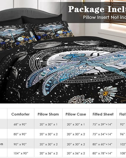Comforter Set Queen Size, Dragonfly Flower Plant Bedding for Kids and Adults, Sun Moon Vintage Black Gold Bed Sheet Sets with Fitted Sheet 2 Pillowcases & 2 Shams for Bedroom Bed Decor
