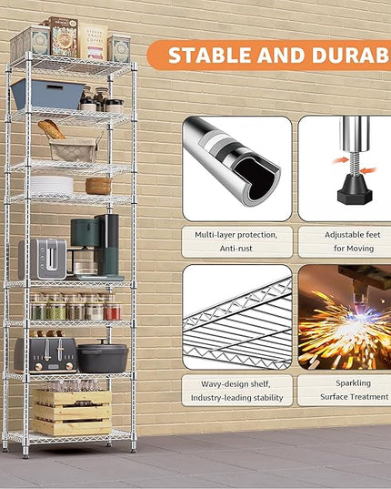 8 Tier 2000 lbs Storage Rack Metal Wire Shelving Unit, Storage Standing Shelf Organizer for Laundry Bathroom Kitchen Pantry Closet Garage Utility Room, Chrome 13.8" D x 23.6" W x 79.5" H