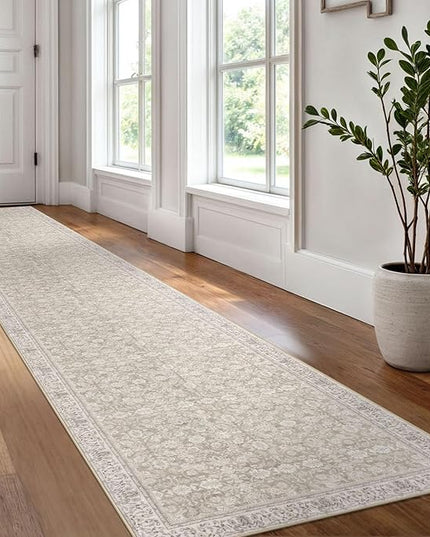 2x12 Washable Runner Rug for Kitchen, Cream Beige White Grey Soft Classic Runner with Non-Slip, Non-Shedding Distressed Floral Rug for Hallways Entryway Bedroom Laundry Indoor