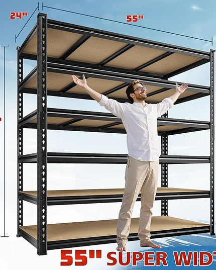 55" W Storage Shelves, 3060LBS Garage Shelving, 6-Tier Heavy Duty Shelving, Adjustable Metal Shelving Unit for Garage, Warehouse, Pantry, Kitchen, 55" W × 24" D × 84" H, Black