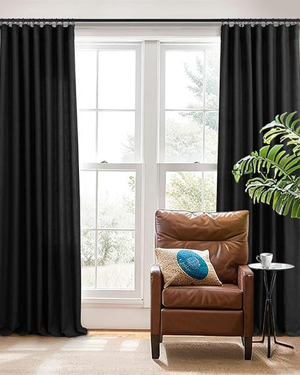 Modern Black Linen Curtains 96 Inches Long for Bedroom 2 Panels Set Back Tab Pocket Boho Drape Semi Sheer Lace Cotton Trendy Elegant Curtain for Living Room Bay Window Mid Century Halloween Decor 8 FT