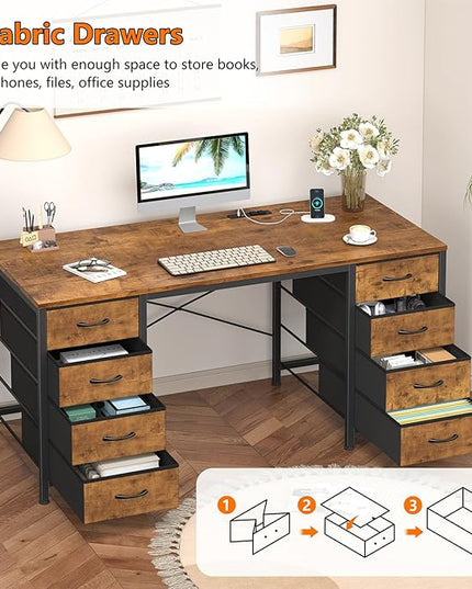 50 Inch Computer Desk with 8 Drawers, Home Office Desk with Power Outlets, Work Study Gaming Desk with 8 Fabric Drawers, Rustic Brown
