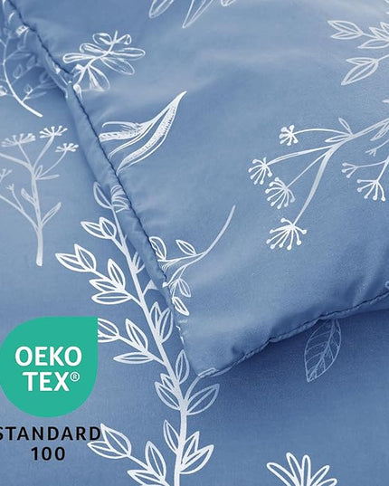 MUXHOMO Ice Blue Bed in a Bag Queen 7 Pieces, Queen Comforter Set Reversible Botanical Flowers Design, Ultra Soft & Breathable Bedding Sets with Comforter, Sheets, Pillowcases & Shams