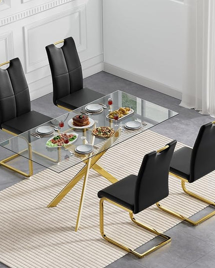 5 Piece Glass Dining Table Set, Gold Glass Kitchen Dining Room Table Set for 4, Modern 51" Rectangular Glass Metal Dining Table with 4 Black Leather Dining Chairs for Kitchen Dining Room
