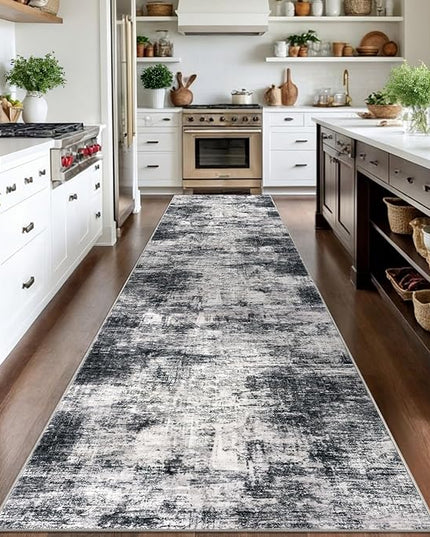 IOHOUZE Abstract Runner Rug 3x14 Ft Washable Runners for Hallways, Non Slip Kitchen Runner Printed Faux Wool Entryway Runner Indoor, Modern Abstract Floor Carpet for Hall Stair, Black Grey
